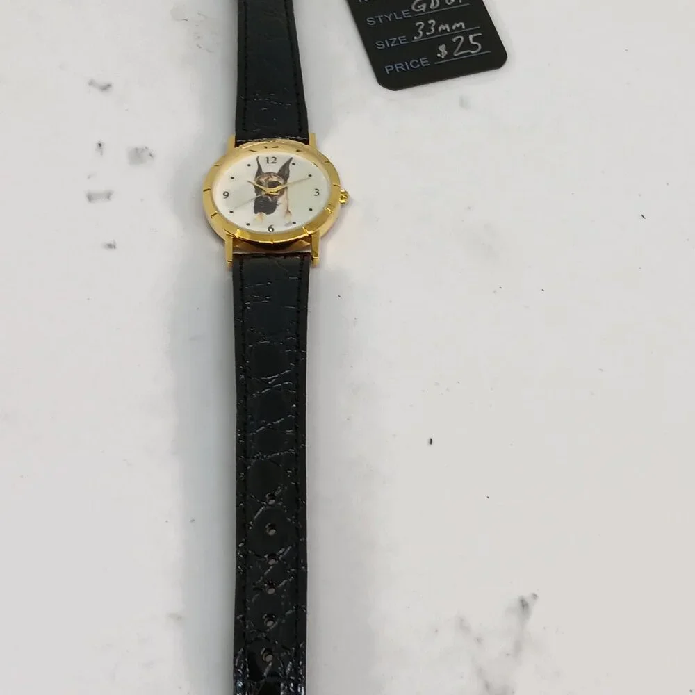 Great Dane 33mm Women's Gold Tone Black Leather Band Dog Watch